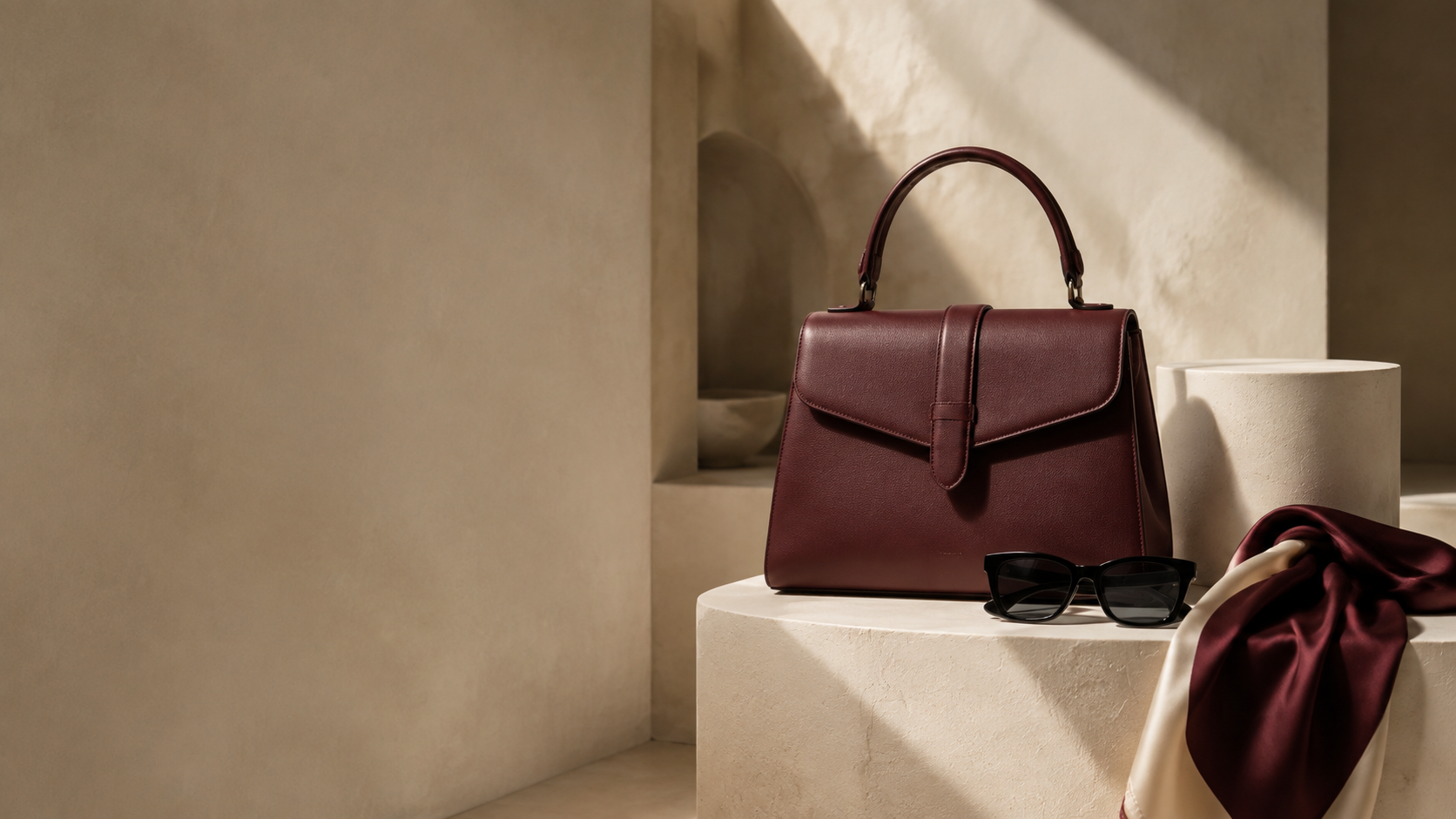 Oxblood handbag, sunglasses, and silk scarf in a sculptural studio