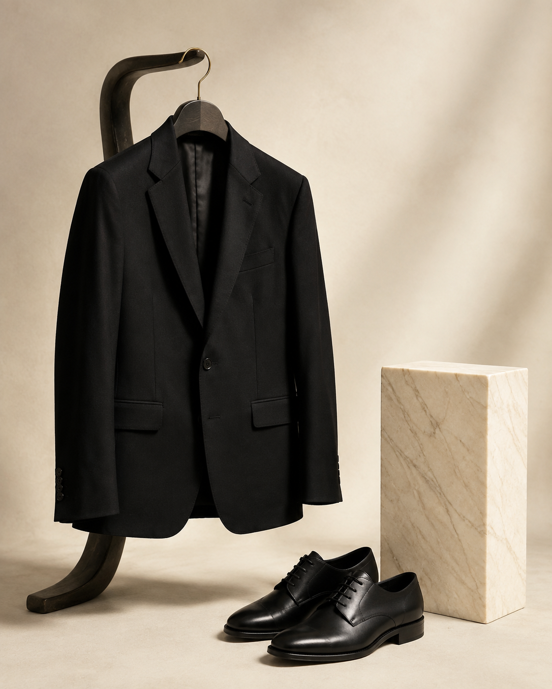 Tailored jacket and shoes in a warm studio